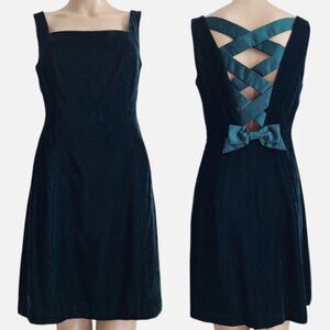 Vintage Tootsies Green Velvet Cocktail Party Dress Womens 4 Criss-Cross Back Bow